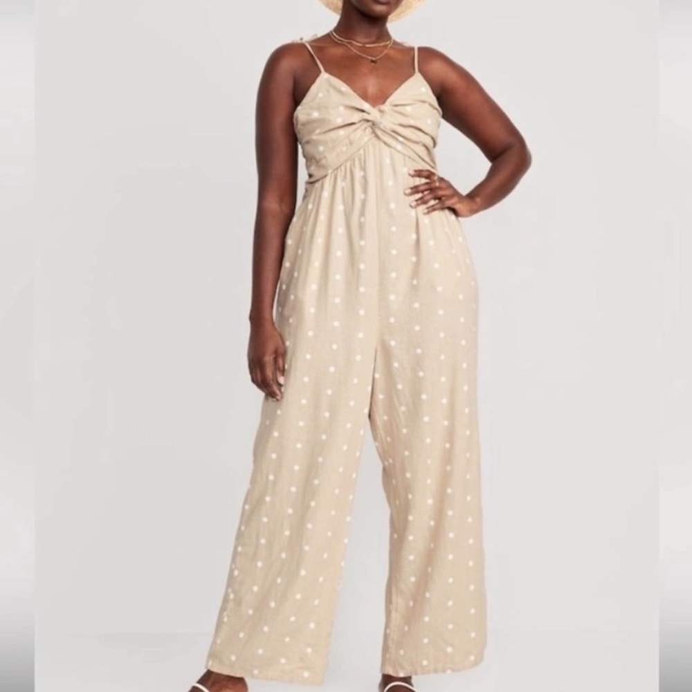 Old Navy Polka Dot Linen Jumpsuit Tan XXL Petite NWT Vacation Summer Beach - Picture 8 of 8